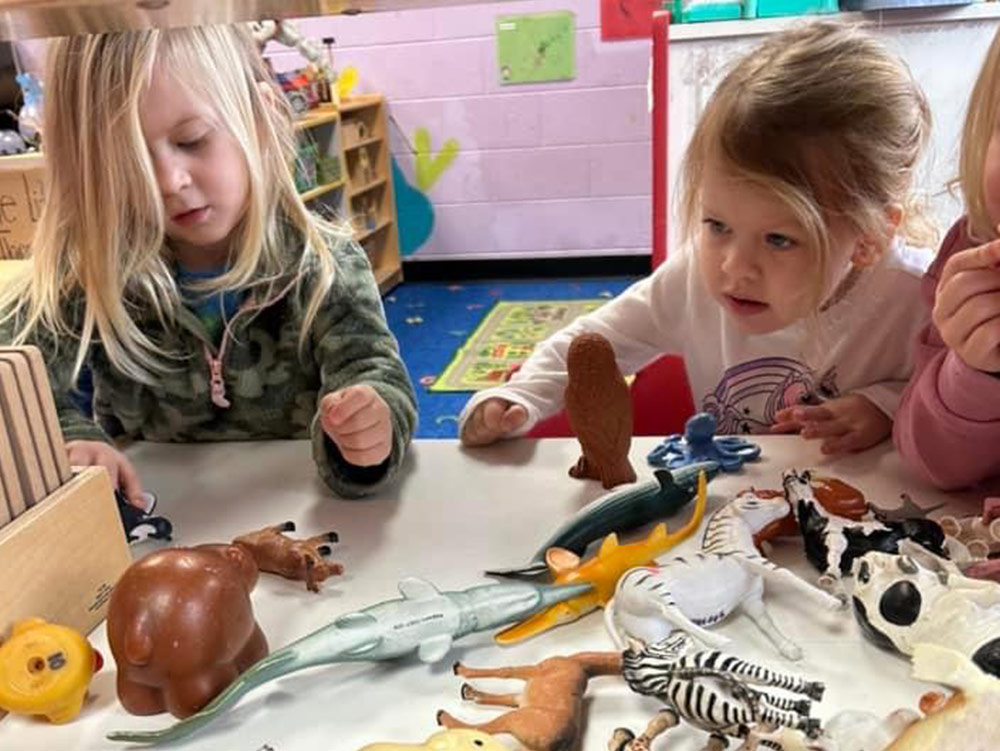 2-Year-Old Room - teacher playing with 2-year-old at Robins Nest Learning Center