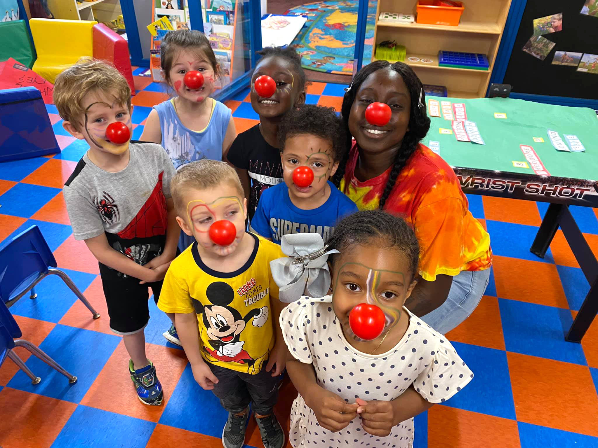 Children with red clown nose at Robin's Nest Learning Center in Carbondale, Illinois